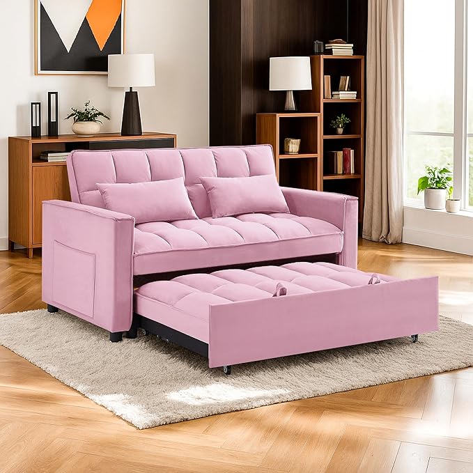 3 in 1 Convertible Sleeper Sofa BedFuton Loveseat Couch with Pull-Out Bed &amp Adjustable BackrestVelvet Fabric Sofa with Side Pocket for Small Apartment Living Room Office