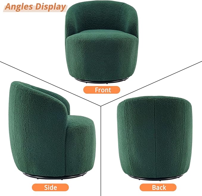 KIVENJAJA Swivel Barrel Chair Teddy Sherpa Upholstered Modern Round Accent Arm Chairs Boucle 360 Degree Swivel Small Single Sofa Armchair for Nursery Living Room Bedroom (Teddy Green)