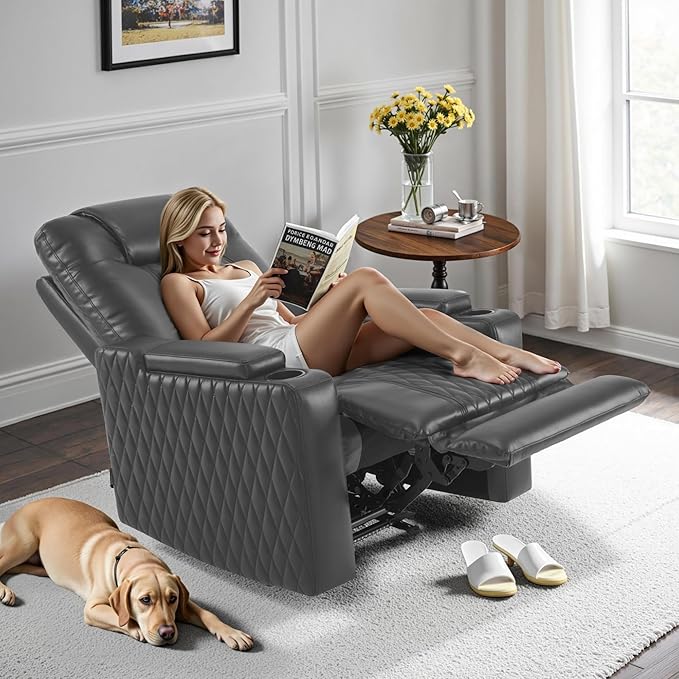 MCombo Zero Gravity Oversized Power Recliner Chair for Adults with Power Headrest &amp LED Light Faux Leather Recliner Chair for Living Room &amp Home Theater USB Port Armrest Storage HTS401