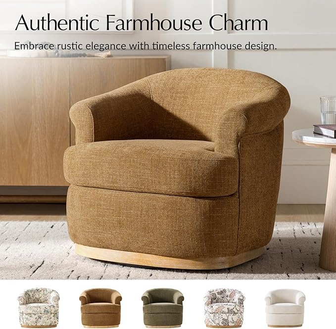 HULALA HOME Swivel Barrel Chair with Rolled Arms Upholstered Fabric Swivel Round Armchair with Removable Cushion Solid Wood Base for Living Room Bedroom Camel