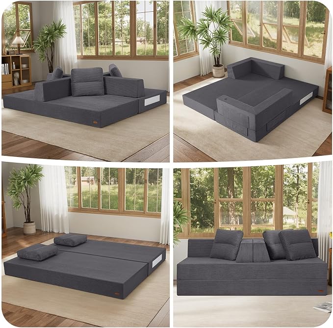 COMAX Futon Sofa Bed Queen 79 Convertible Sofa Bed Couches for Living Room 4 in 1 Folding Boneless Sleeper Corduroy Couch Loveseat Foam in a Box Comfy Foldable Lounge Fold Out Floor Mattress Grey