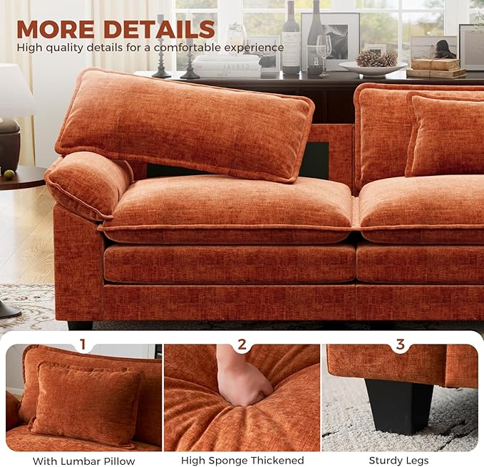CDCASA 86 Modular Sectional Sofa Comfy L-Shaped Cloud Couch 2-Seater Chenille Deep Seat Modern Loveseat Sofa for Living Room Study Room Terracotta Orange