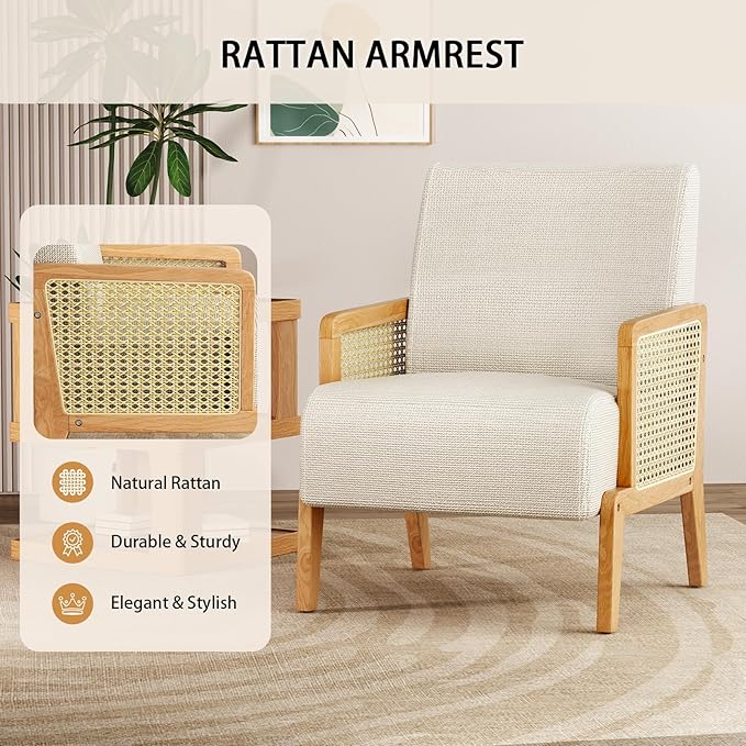 Modern Accent Chair with Rattan Armrest Linen Fabric Arm Chair with Ash Wood Legs White Accent Chair for Living Room Bedroom Balcony