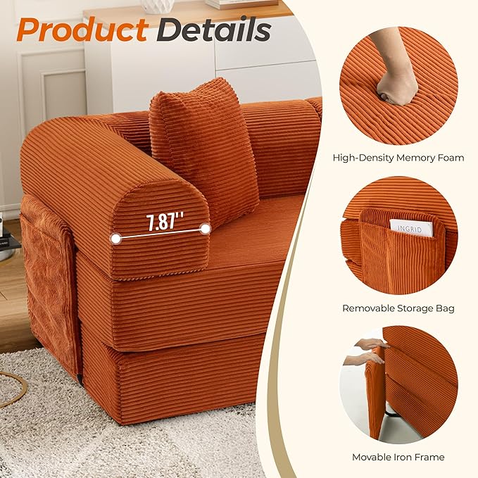 106.3 Oversized Convertible Sleeper Sofa Bed L Shape Modular Sectional Cloud Sofa with Fixed-Shape Frame Boneless Couch with Storage Pocket for Living Room No Assembly Required Orange