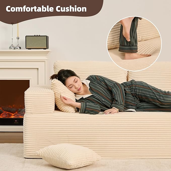 Chaise Lounge Chair Boneless Couch for Living Room and Bedroom Set of Sleeper Couches Reading Chairs Corduroy White