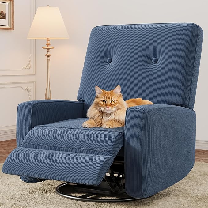 Recliner Chair 360° Swivel Rocking Glider Chair for Adults with Adjustable Backrest &amp Footrest Cozy Corduroy Upholstered Armchair for Living Rooms Bedrooms Blue
