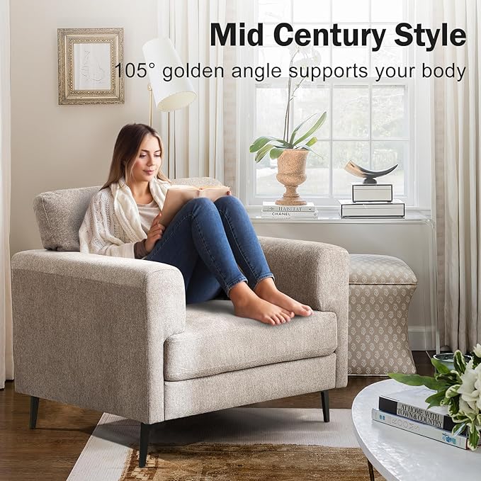 Oversized Accent Chair Upholstered Living Room Chairs Single Sofa Chair w/Metal Legs Comfy Linen Fabric Reading Lounge Armchair for Apartment Bedroom Office Light Brown 2PCS