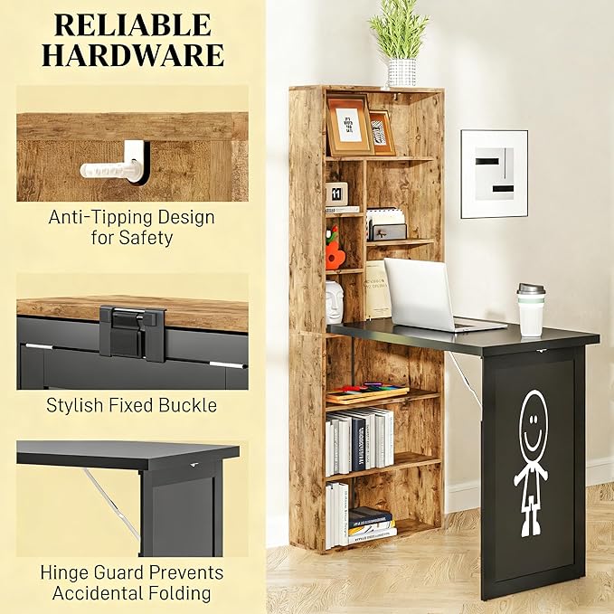 Folding Desk - Foldable Convertible Writing Table with Storage Wall Mount Fold Out Table Cabinet with Blackboard and Shelves for Home Offices Studies or Any Room (Rustic)