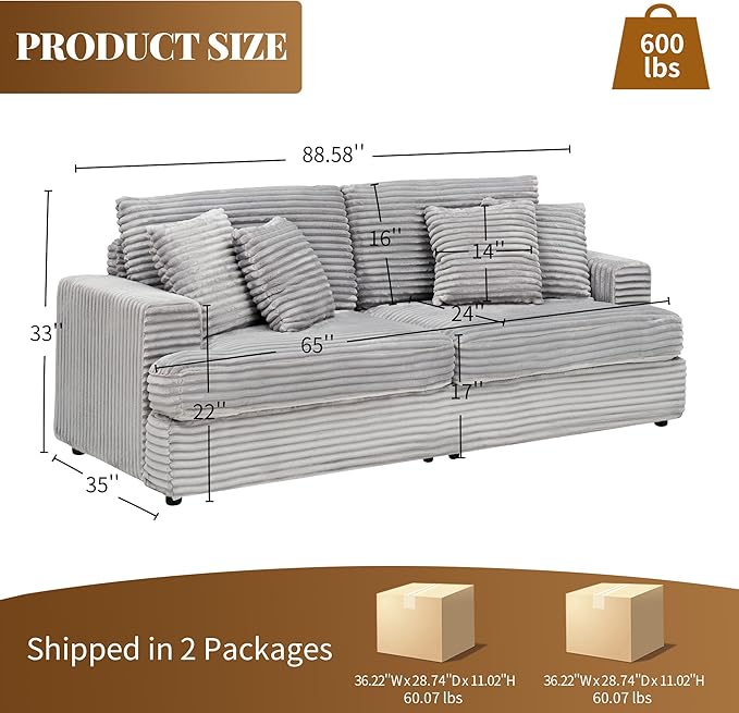 Modern Cloud Couch 3-Seater with 4 Matching Toss Pillows 88.58 Soft Corduroy Sofa with Deep Seat for Small Spaces Living Room Apartment(Grey)