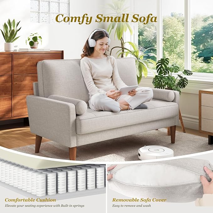 Vesgantti Loveseat Sofa with Solid Wood Legs 48 Small Couches for Small Spaces Love Seat for Living Room Bedroom Easy Assembly Mid Century Modern Couch with Throw Pillow for Apartment Ashbeige
