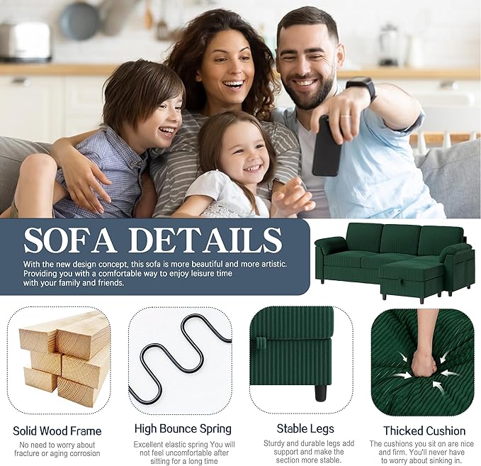 Meilocar Sectional Sofa Couch for Living Room 79 Sectional Couch with Storage Ottoman L Shaped Couches with Armrests Side Storage Pockage 3-Seat Sofa Couches for Living Room Apartment Green