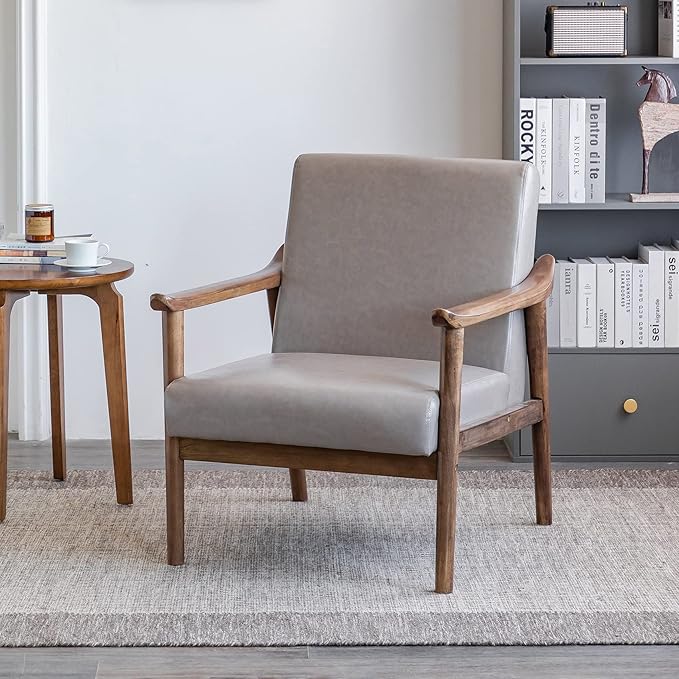 UNICOO - PU Leather Accent Chair Armchair with Solid Wood Frame. Mid Century Modern Reading Arm Chair Sofa Chairs for Living Room Bedroom (U2120-Grey)