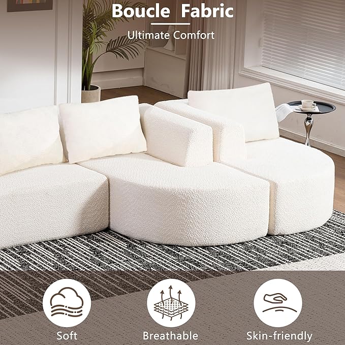 144 Oversized Sectional Sofa with Chaise Lounge Boneless Couches for Living Room Modern Luxury Chenille 5-Seater Sofa Deep Seat U-Shape Curved Cloud Couch No Assembly Required (White)