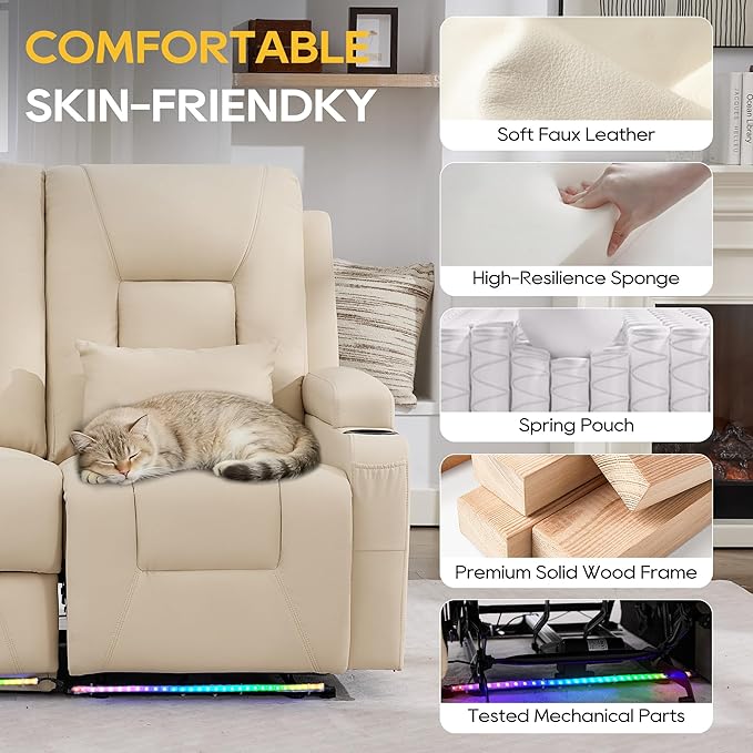 IPKIG Power Recliner Loveseat with Flip Middle Backrest Zero Wall Hugger Sofa Couch Faux Leather 3-Seater Sofa with LED Lights AC Outlets USB Ports Cup Holders Beige | Storage Drawer Electric C