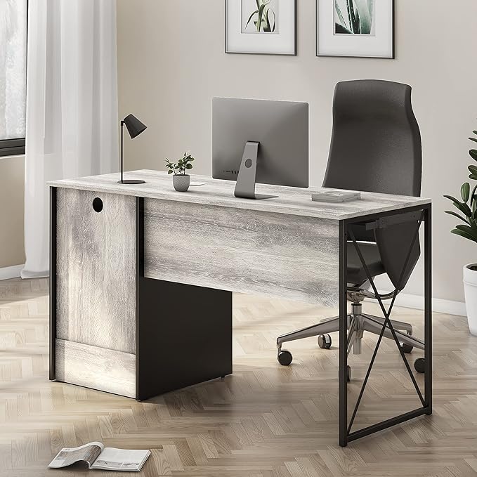 Bestier Office Desk with Drawers 55 inch Industrial Computer Desk with Storage Wood Teacher Desk with Keyboard Tray &amp File Drawer for Home Office Light Gray Oak
