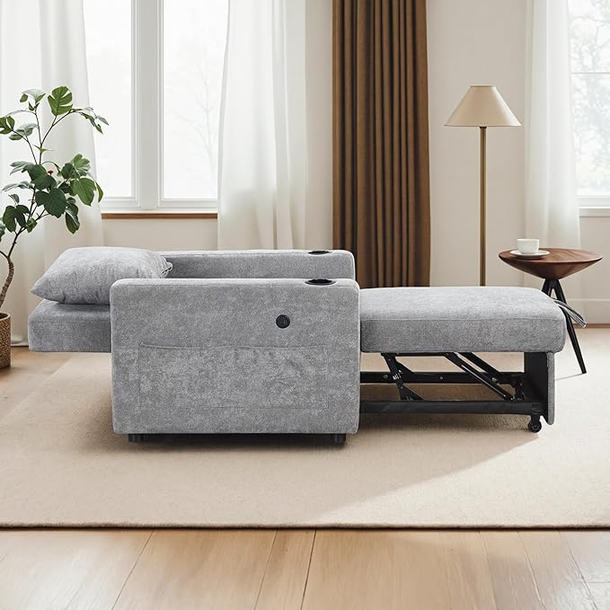 MCombo Convertible Sleeper Chair Bed 3-in-1 Folding Sofa Chair with Adjustable Backrest Pull-Out Bed with USB Port Cup Holders Linen Fabric for Small Spaces Living Room Guest Room Office VN6001