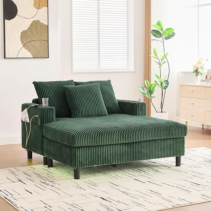 KEIKI 50 W Corduroy Oversized Recliner Single Sofa Couch with Deep Seat3 PillowsUSB ChargingCup Holder and Pocket for Bedroom