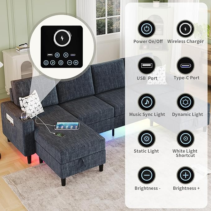 Sectional Couches for Living Room 6-Seats Soft Linen Fabric Sectional Sofa with Storage Ottoman Modern Convertible U/L Shaped Couch with Smart Charging Module/LED Light/Music Sync (Blue)