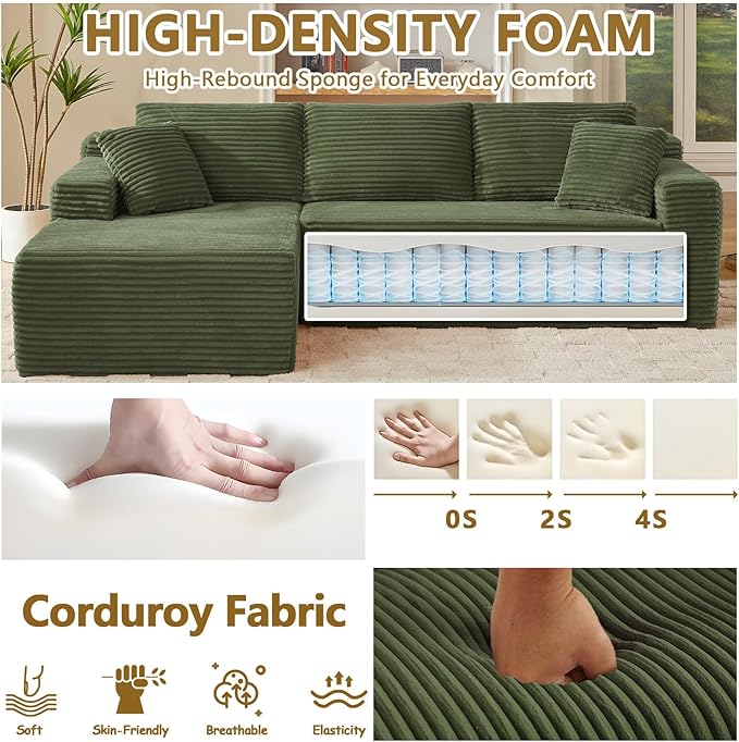 103'' Boneless Cloud Couches for Living Room Corduroy L Shaped Modular Sectional Sofa Couch W/Deep Seat &amp High-Back Comfy Memory Foam Couch Sofa in A Box (Saga Green Left Facing Chaise)