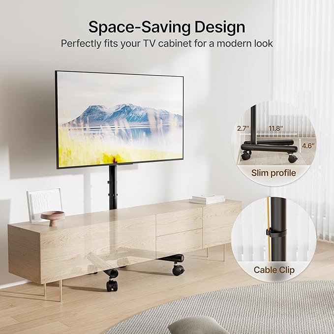 2026 Upgraded Mobile TV Stand for 13-50 TVs Rotating Rolling TV Stand with 30° Tilting Hold up to 55lbs Height Adjustable Mobile TV Cart for Home Office Max VESA 200x200mm