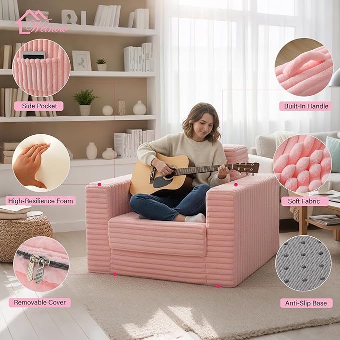 Welnow Folding Sofa Bed with Ottoman Convertible 2-in-1 Boneless Couch Futon Lounge Chair Bed for Adults Comfy Fold Out Sleeper Sofa for Small Spaces Living Room Bedroom or Dorm Pink