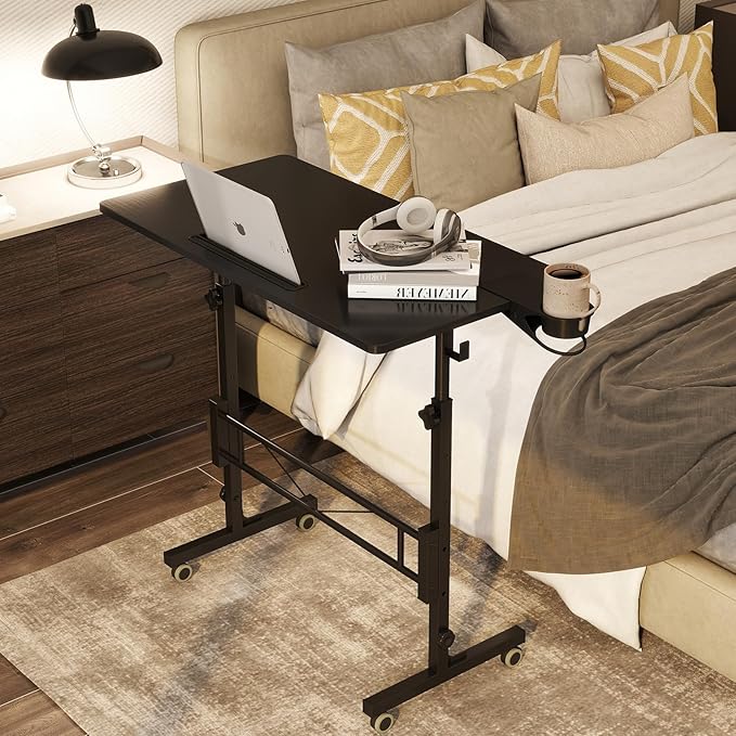 Hadulcet Small Standing Desk Adjustable Height Mobile Stand Up Desk with Wheels Portable Walking Pad Table Stand Rolling Laptop Cart for Standing or Sitting Black