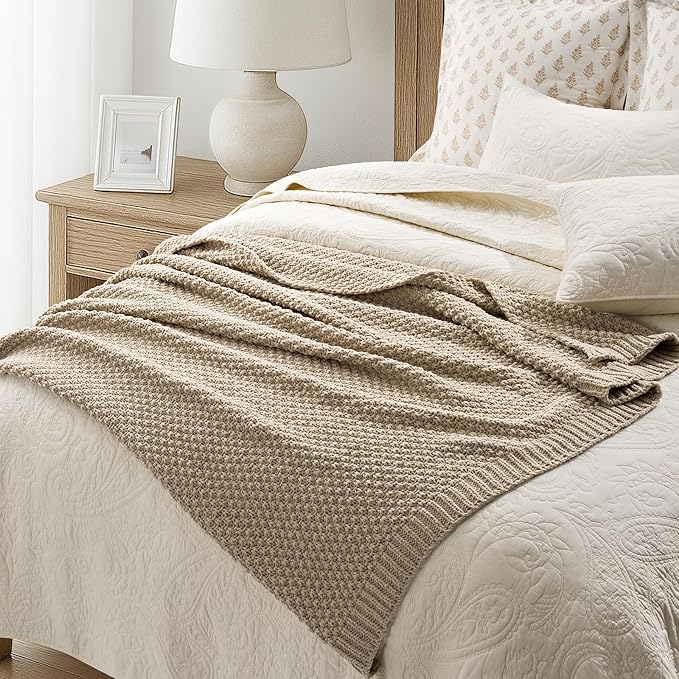 EVERGRACEHOME Chunky Chenille Knit Throw Blanket for Couch Soft Luxurious Moss Stitch Blankets for Bed Cozy Decorative Farmhouse Knitted Throws for Sofa Sand Dune 50 x 60