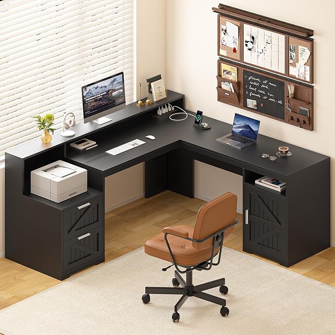 63 Farmhouse L Shaped Desk with Drawers &amp Storage Shelf Corner Computer Desk with Power Outlets for Home Office Executive Desk with Monitor Stand Printer Shelf Black