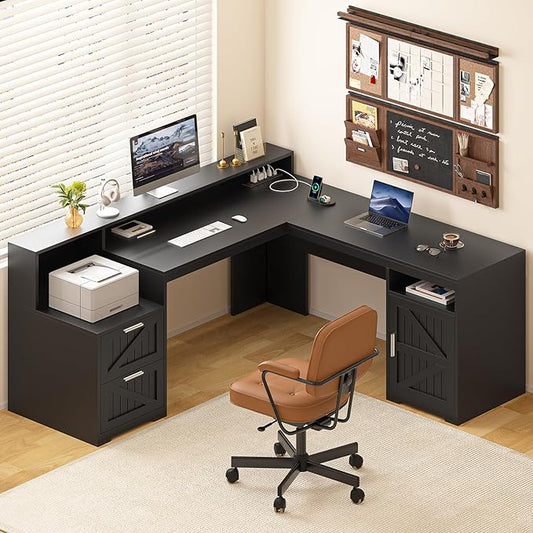 63 Farmhouse L Shaped Desk with Drawers &amp Storage Shelf Corner Computer Desk with Power Outlets for Home Office Executive Desk with Monitor Stand Printer Shelf Black