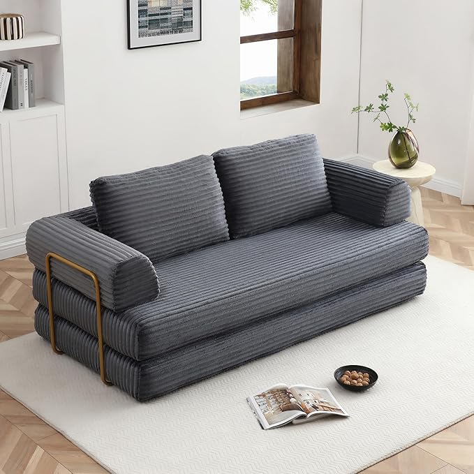 80 Convertible Sofa Bed Modern Corduroy Sleeper Sofa Folding Floor Couch with Golden Fixed-Shape Frame Grey Boneless Loveseat Sofas Bed for Living Room Bedroom No Assembly Needed