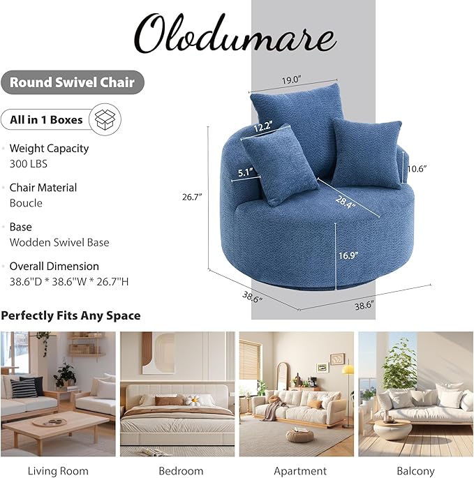 Modern 39 Swivel Barrel Chair Comfy Boucle Upholstered Accent Chair with 360° Rotation Single Sofa with 3 Pillows Ergonomic Design for Living Room Bedroom Office Antique Blue