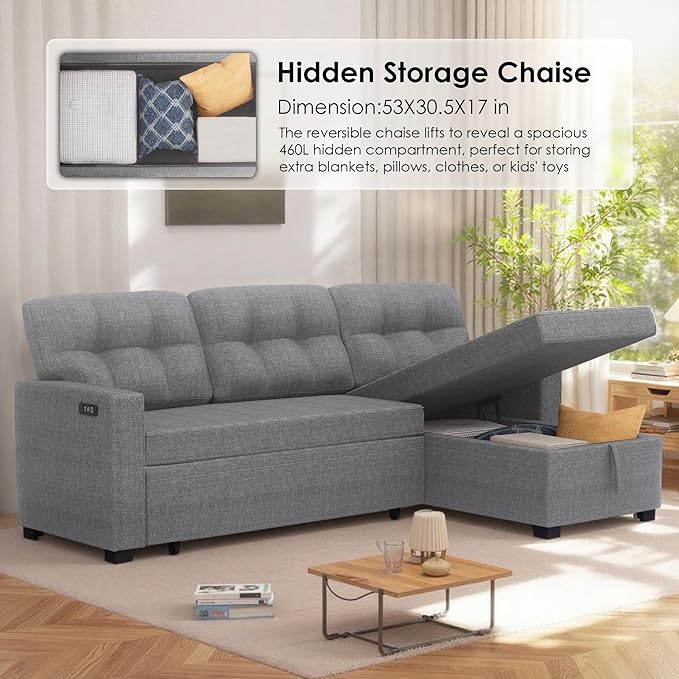 Reversible Sectional Sofa Couch Sleeper Sofa Bed with Storage Chaise Pull Out Couch for Living Room | Hidden Stroge | Pull Out Bed | Removable Backrest | Linen Fabric DeepGrey (LightGrey)