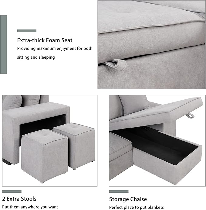 Flieks 104.5 inch Reversible Sectional Sofa with Storage Chaise2 Shelves2 Stools and 2 Tossing Cushions - 3 Seat Sleeper Contemporary Corner Sectional with Pull-Out Sleeper and Chaise