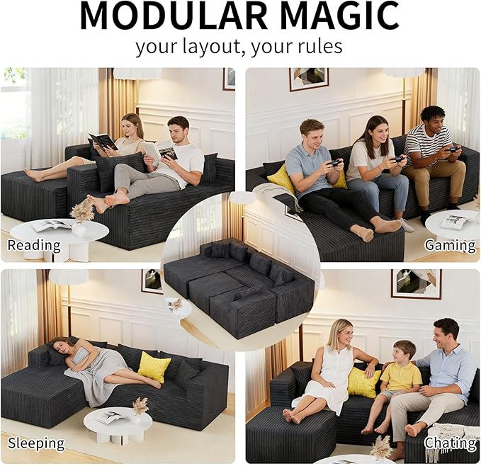 100 Cloud Modular Sectional Sofa U Shaped Couch Deep Seat Chaise Sectional Sofa for Living Room Modern Minimalist Upholstered Boneless Couch No Assembly Required Gray Right-Facing Chaise
