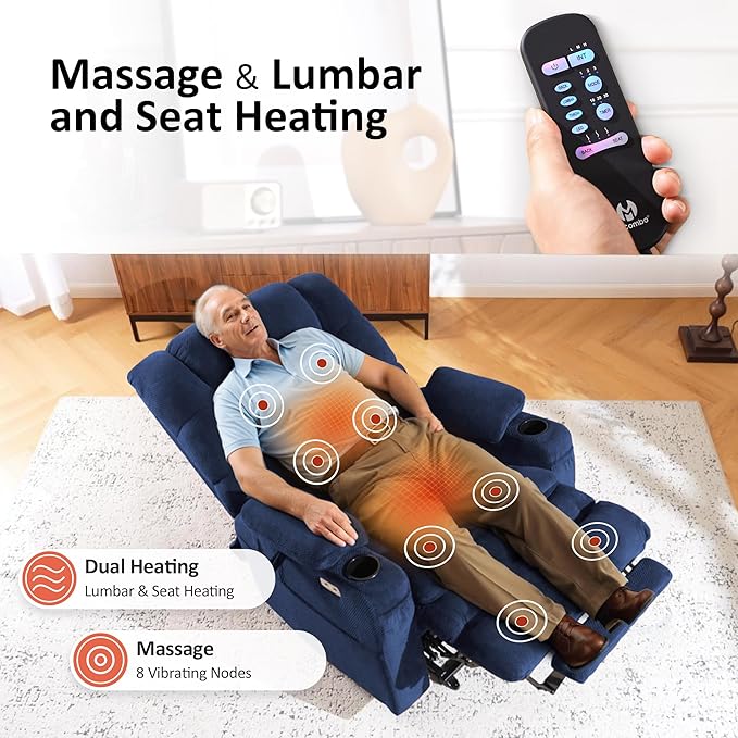 MCombo Large Triple Motor Power Lift Recliner Chair with Massage and Dual Heating Adjustable Headrest for Big and Tall Elderly People Fabric R7524 (Navy Blue Medium-Oversize)