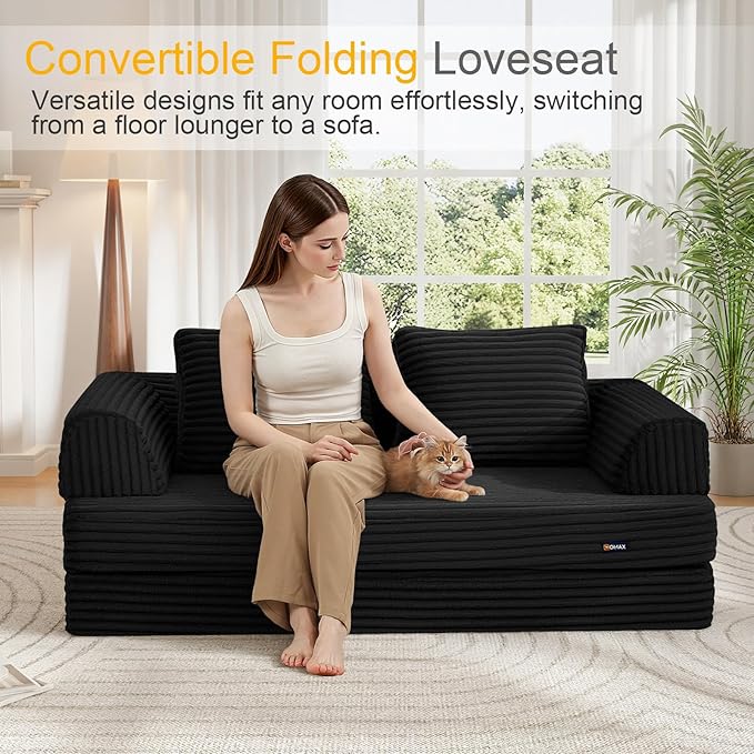 COMAX Convertible Sofa Bed Folding Floor Couch Corduroy Fold Out Couch Bed Futon Sleeper Mattress with Pillows Boneless Sofa Comfy Lounge Loveseat for Living Room Bedroom Plush Black
