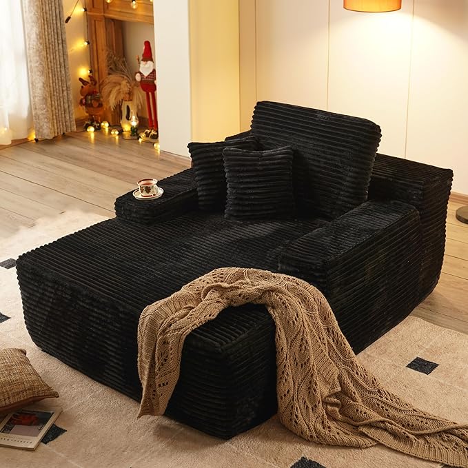 67x48 Oversized Chaise Lounge Chair Indoor Upholstered Sofa Bed with Plush Faux Fur Sleeper Couch Reading Chair Fluffy Cloud Sofa for Living Room Plush Black