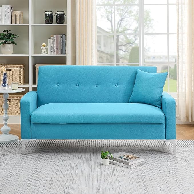 57 Blue Suede Couch Mini Comfy Sofa with Spring Cushions Loveseat Storage Sofa for Bedroom Small Couch for Small Spaces Modern Living Room 2 Seater Sofas with Pillow Seat (Blue)