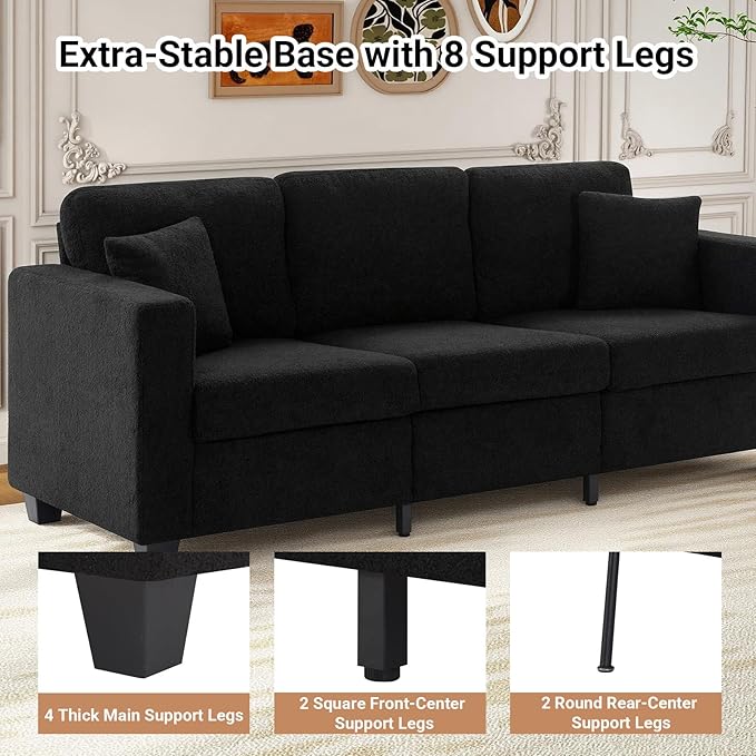 86.6 Inch Modern 3 Seater Sofa Couch for Living Room Sofa with Extra Deep Seats Armrests Soft Boucle Upholstery Couch for Living Room Bedroom Office Apartment Black