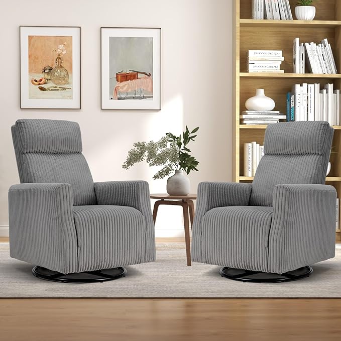 CANMOV Swivel Rocker Chair Set of 2 Swivel Accent Chair with High Back and Arms Corduroy Glider Chair for Living Room Bedroom Nursery Grey