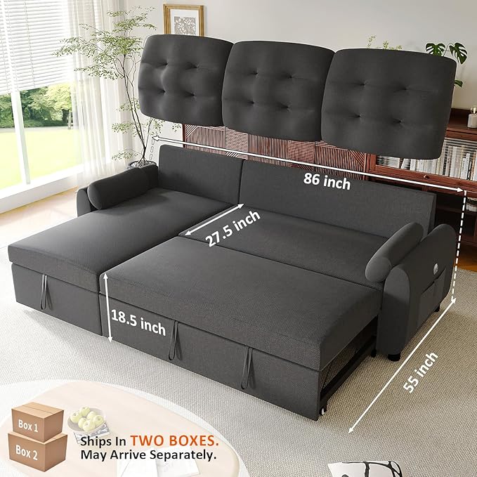 Ucloveria Sleeper Sofa Bed 86 Convertible Sectional Sofa Couches for Living Room Pull Out Couch Bed with Reversible Storage Chaise | USB Ports | Side Pockets | Removable Backrest