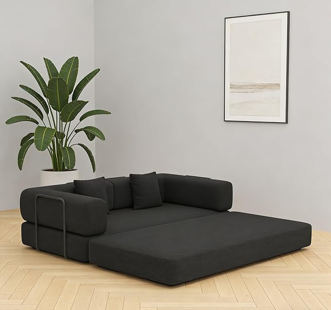 KEIKI Convertible Corduroy Sleeper Sofa Bed with Cylindrical Pillow Folding Floor Mattress Couch with Fixed Shape Frame for Living Room Studio Lounge