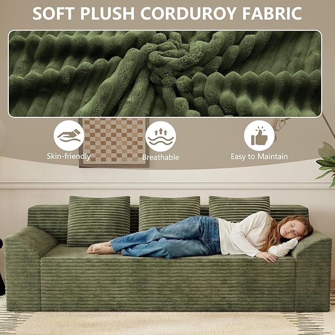 71 Love Seat Couches Corduroy Boneless Loveseat with Deep Seats 2 Seat Couch Apartment Size Couch with 3 Pillows&ampSide Pockets for Bedroom Office No Assembly Required Green
