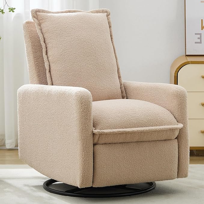 Glider Recliner Nursery Chair with Comfy Cushion Rocker Swivel Recliner Chairs for Small Spaces Swivel Rocking Recliner Chairs for Adults Lazy Boy Recliner Chair for BedroomBoucle(Oatmeal)
