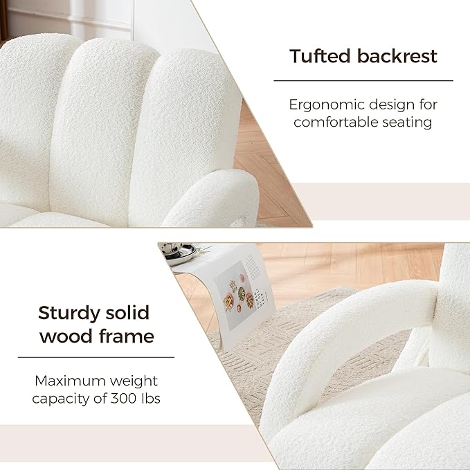 Mid Century Modern Accent Chair Set of 2 with Solid Wood Frame Upholstered Living Room Chairs with Thick Cushion Boucle Tufted Armchair for Bedroom Reading Room Ivory