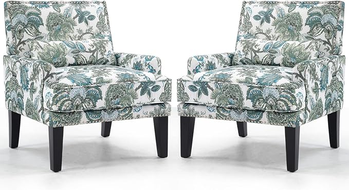 ANJ Floral Accent Chair Set of 2 with Lumbar PillowUpholstered Wingback Reading Armchair with Nailhead Trim Mid-Century Single Sofa Chair for Living Room Bedroom Green Floral