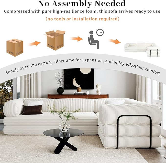115''W Modular Sofa Bed in Corduroy Fabric L Shaped Sectional Couches Modern Upholstered Couches with Iron Frame Support 4 Independent Mattresses 3 Wedge Cushions and 1 Flat Cushion (Beige/22)