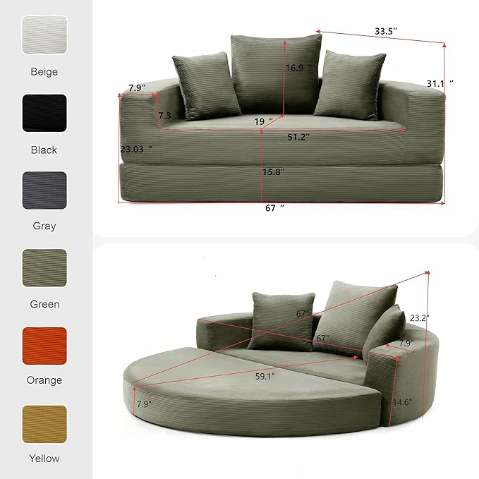 Casaphoria Convertible Folding Sofa Bed - 67 Inch Fold Out Guest Bed with Pillows for Small SpacesApartment Living Room Futon(Green)