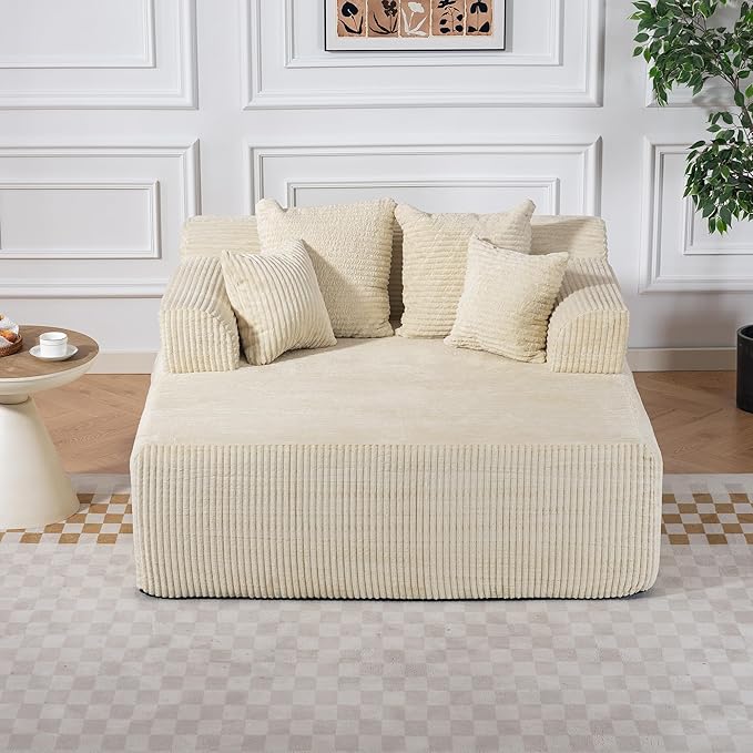 58 Inch Chaise Lounge Chair Indoor Corduroy Boneless Sofa Bed Deep Seat Sleeper Couch Reading Chairs Upholstered Comfy Cloud Sofas Couches for Living Room No Assembly Required Beige