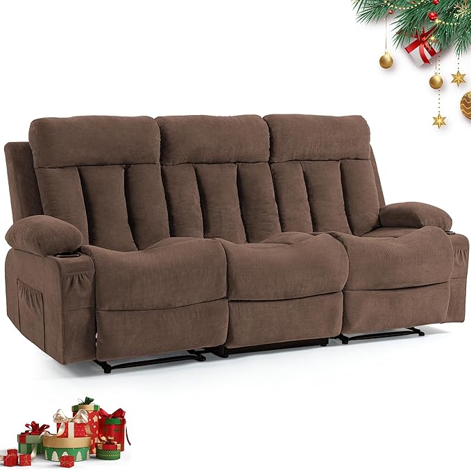 3 Seater Reclining Sofa Couch with Cup Holders Comfy Triple Manual Fabric Recliner Chair for Living Room Home Theater Office Brown
